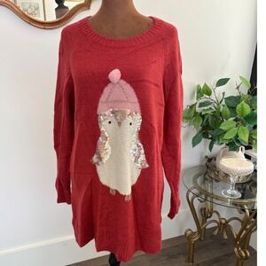 LC Lauren Conrad‎ Womens L Red Penguin Christmas Oversized  Sweater Holiday